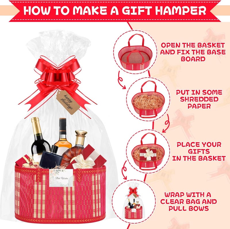 SelfTek 3 Pack Baskets for Gifts Empty, Woven Bamboo G-ift Basket Kit with Wrap Bags, Gift Card, Raffia and Pull Bows, Gifts Baskets for Birthday, Wedding, 30 x 20 x 15 cm-Red - Image 5